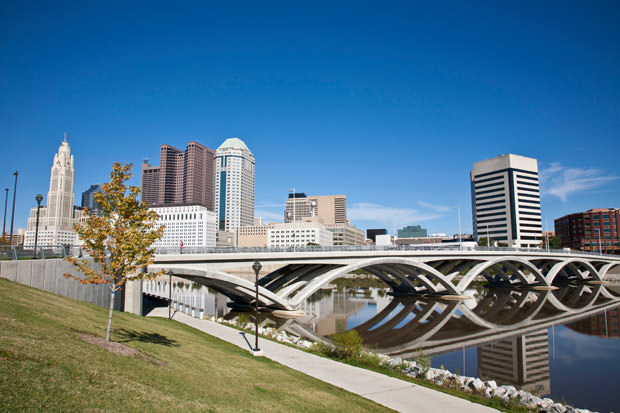 City of Columbus, Ohio with the new Rich Street Bridge in the foreground.